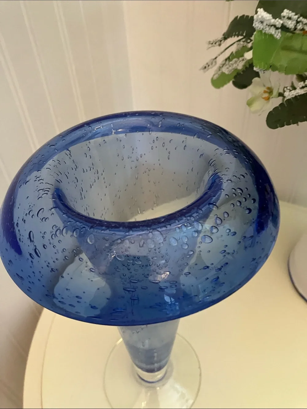 Vintage Hand Blown Cobalt Blue Footed Vase With Folded Trumpet Rim
